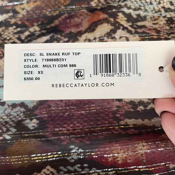 NWT Rebecca Taylor Watercolor Snake Print Elbow Sleeve Ruffle Hammered Silk Top - Picture 9 of 9